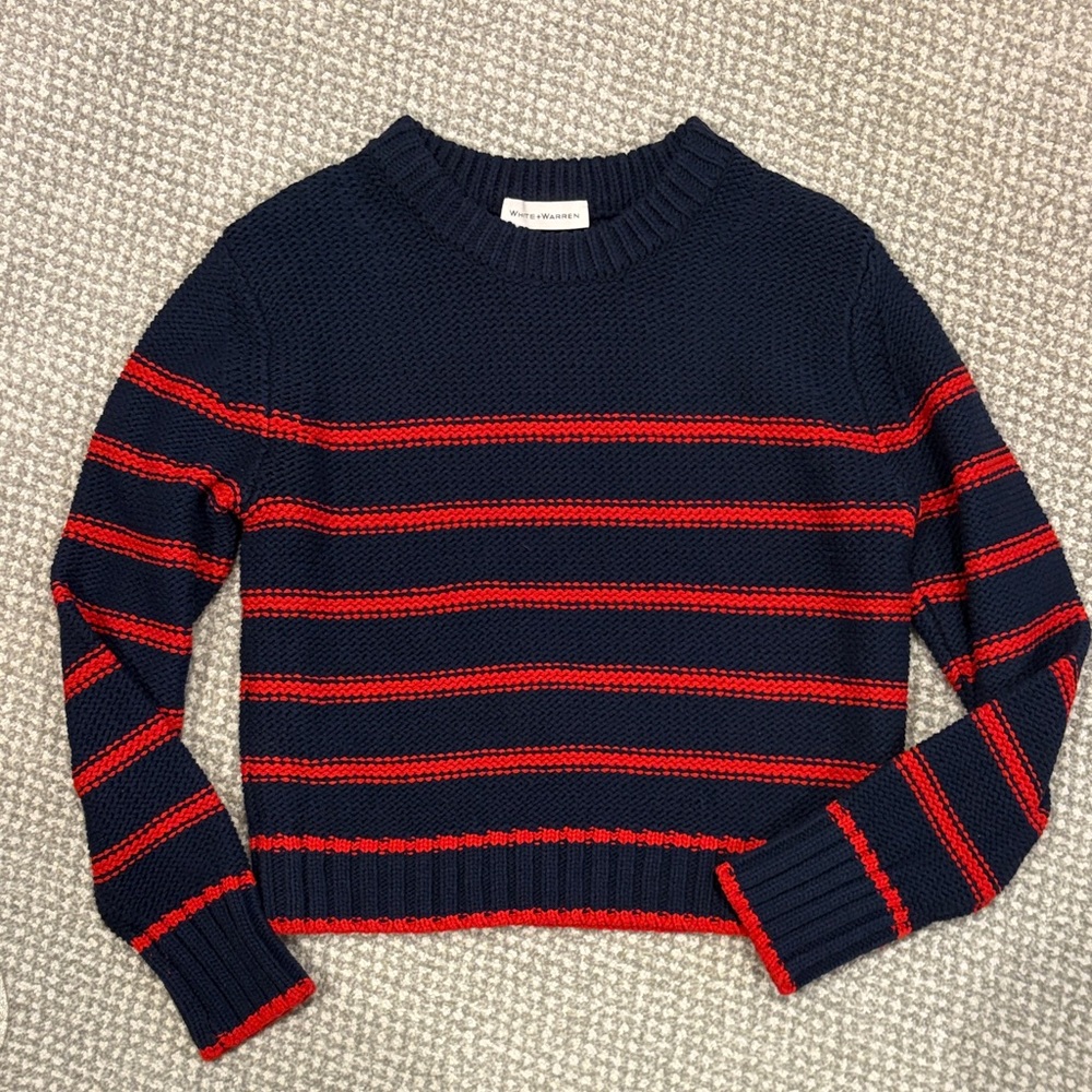 White + Warren Cotton Navy & Red Stripe Crewneck Sweater - Women's Sz S
